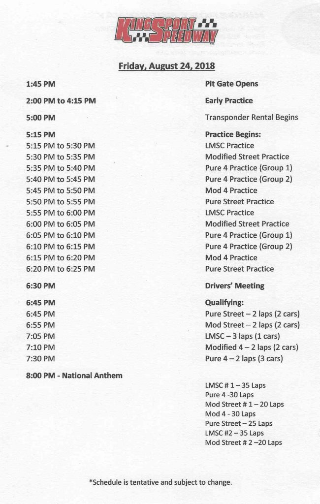 A detailed schedule of events for the kingsport speedway race day on august 24, 2018, outlining the times for gate opening, practice sessions, drivers' meetings, qualifying heats, and various races, with a disclaimer at the bottom noting that the schedule is subject to change