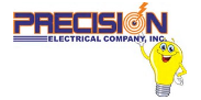 A logo featuring the text "precision electrical company, inc." with a stylized lightning bolt and a cheerful light bulb character giving a thumbs up